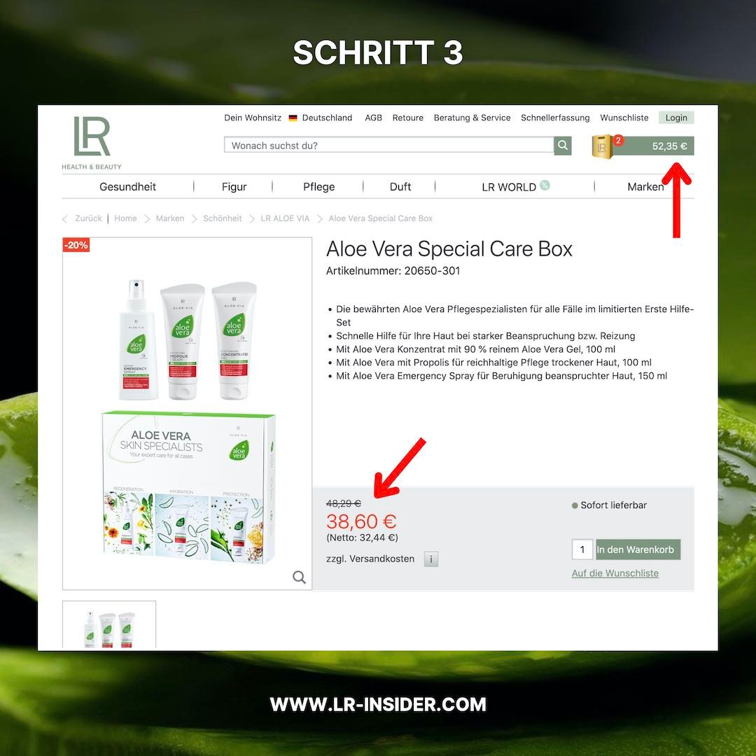 Um LR Premiumkunde zu werden, müssen sechs Schritte ausgeführt werden. Der Screenshot zeigt den dritten Schritt: Das Hinzufügen von Produkten in den Warenkorb.