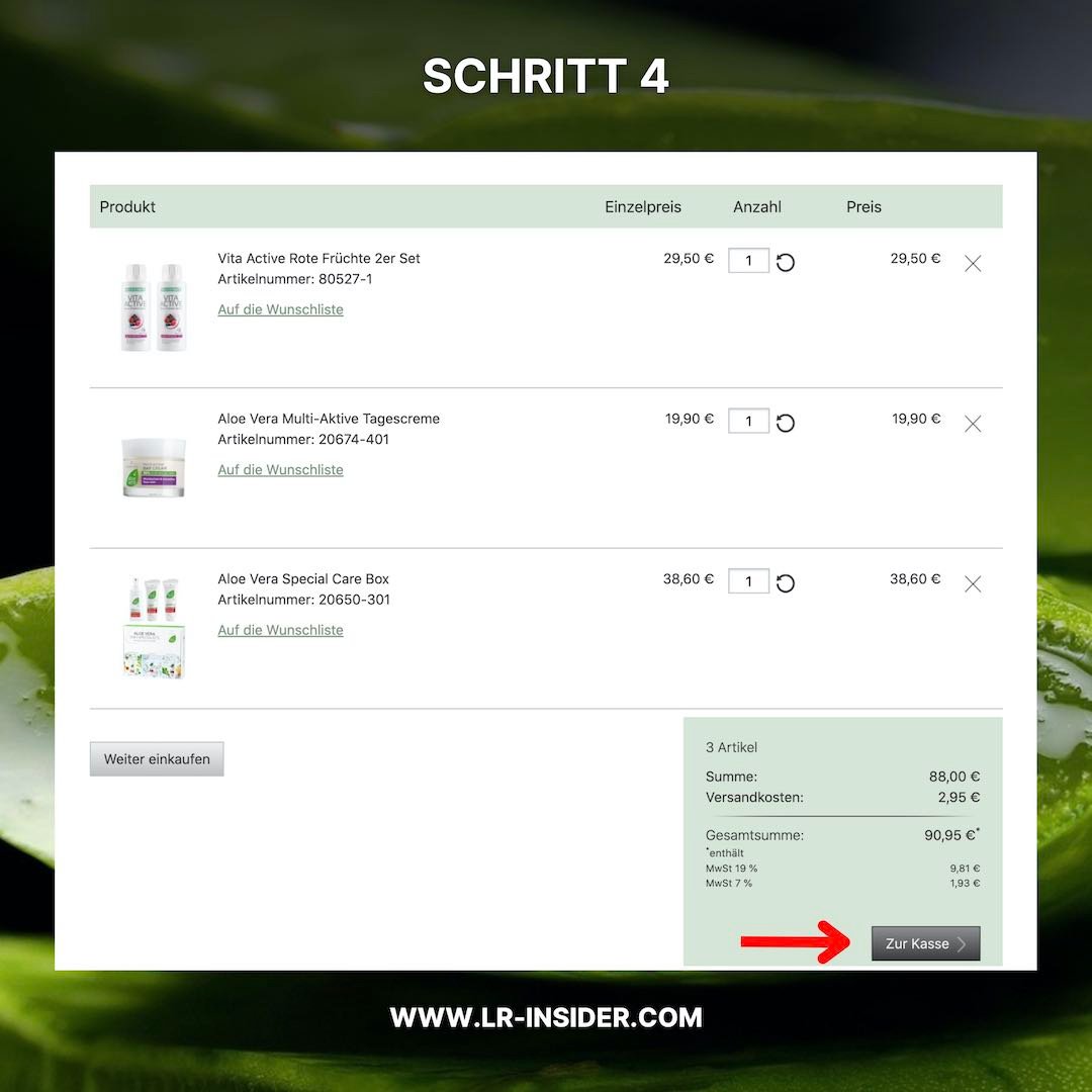 Um LR Premiumkunde zu werden, müssen sechs Schritte ausgeführt werden. Der Screenshot zeigt den vierten Schritt: Den Warenkorb.