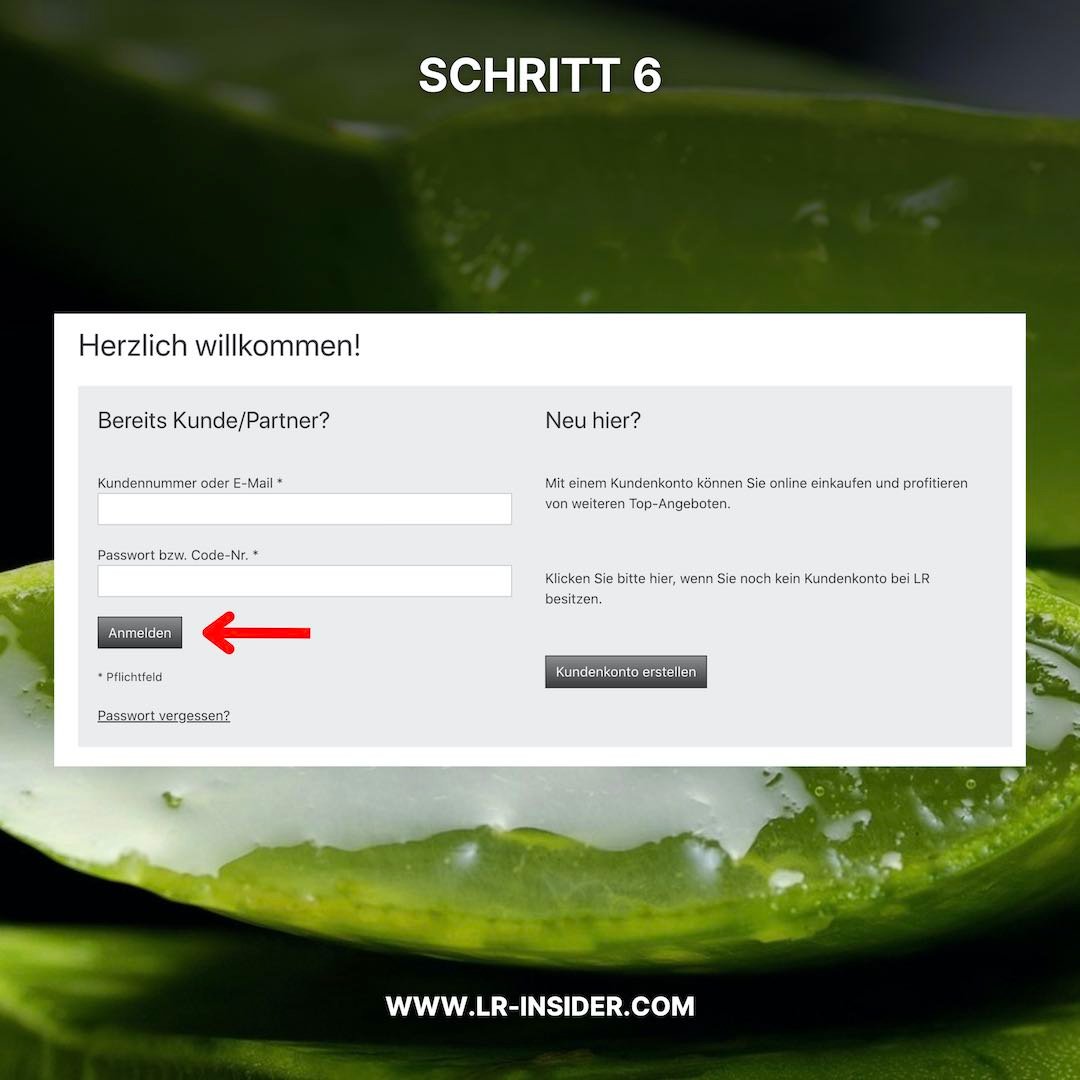 Um LR Premiumkunde zu werden, müssen sechs Schritte ausgeführt werden. Der Screenshot zeigt den letzten Schritt: Das Einloggen in den Onlineshop, um die Bestellung abzuschließen.